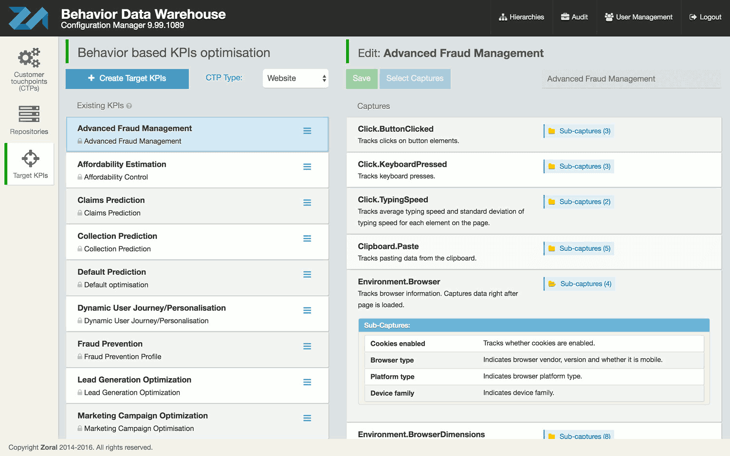 zoral behavioral data warehouse, KPI optimization